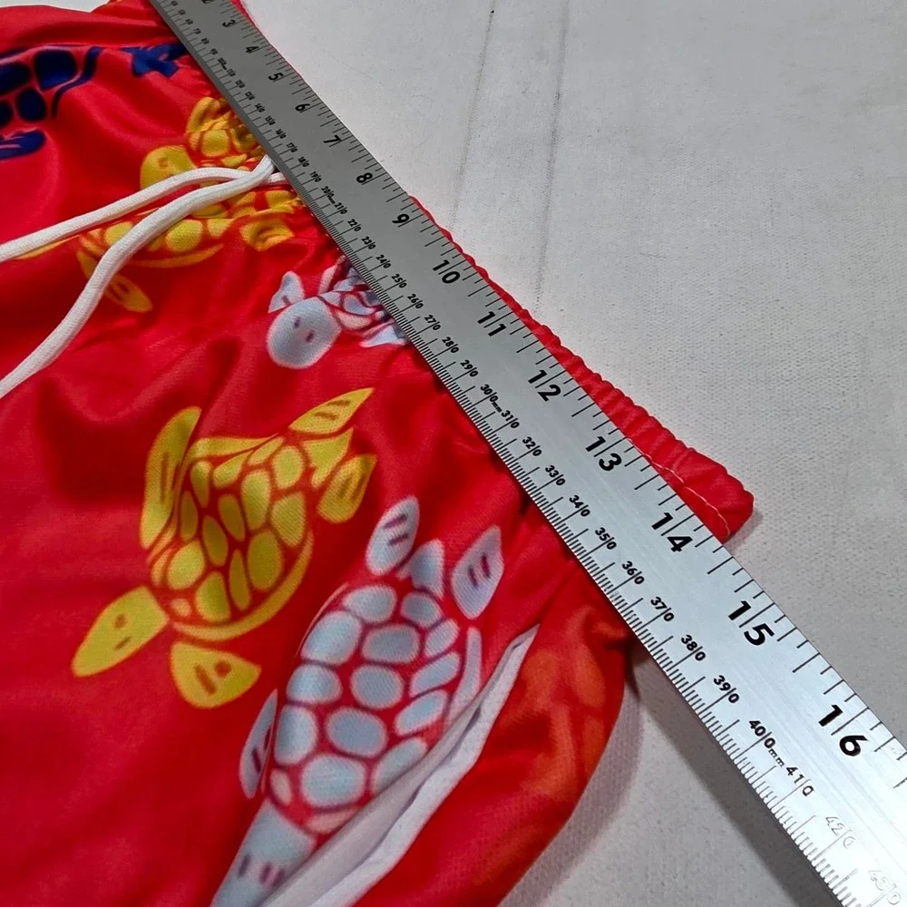 Turtle Print Athletic Shorts Mens Small Red Mesh Casual Beach Summer Tropical